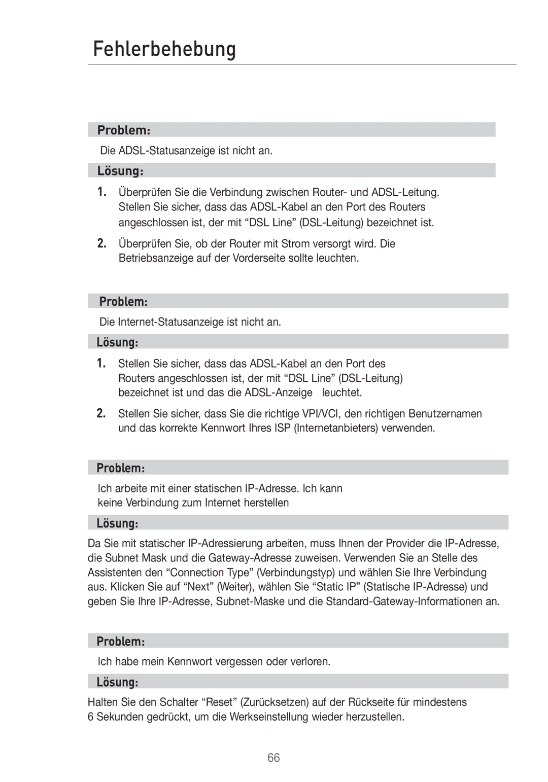 Belkin F5D7633UK4 manual Fehlerbehebung, Problem, Lösung 