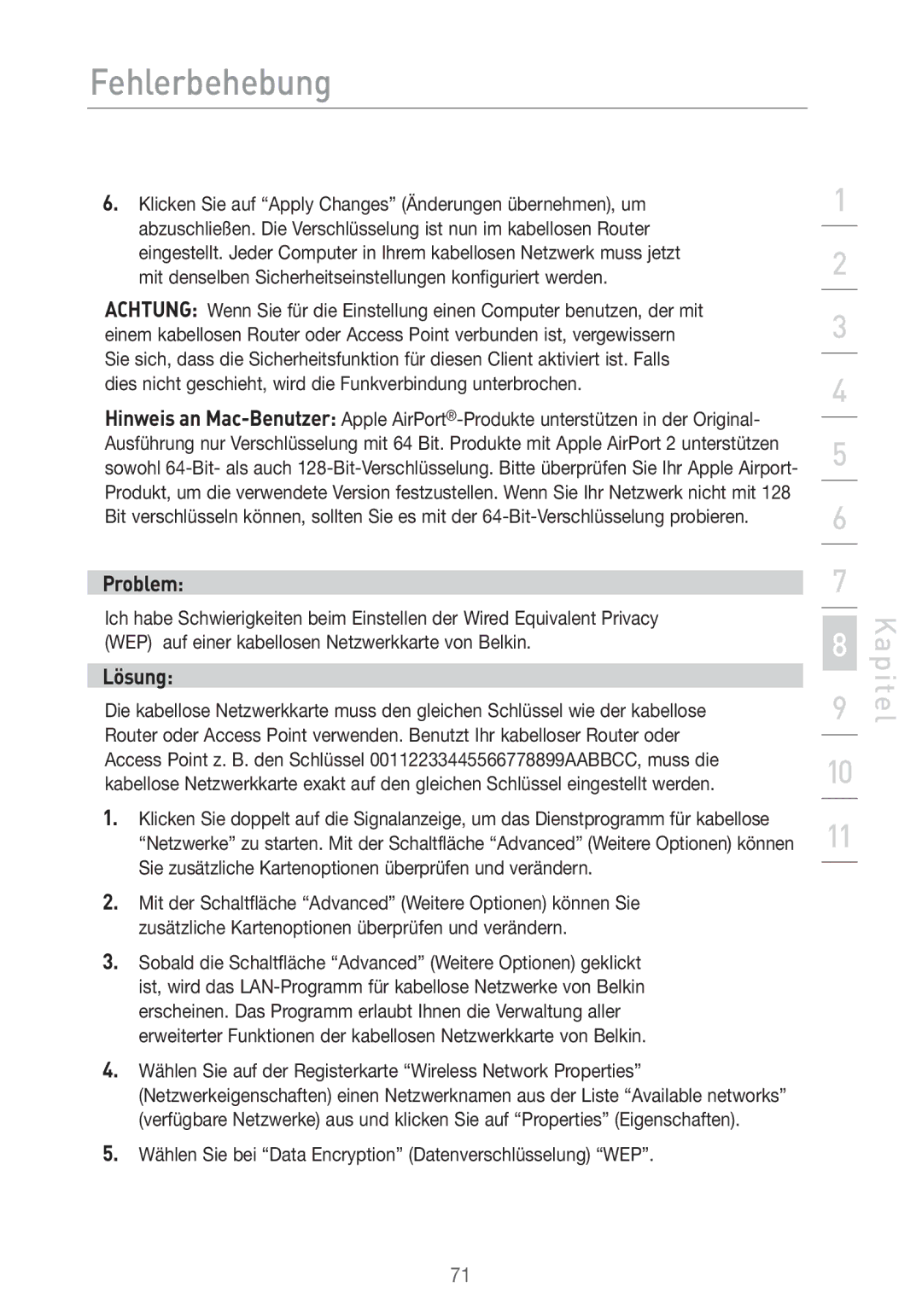 Belkin F5D7633UK4 manual Wählen Sie bei Data Encryption Datenverschlüsselung WEP 