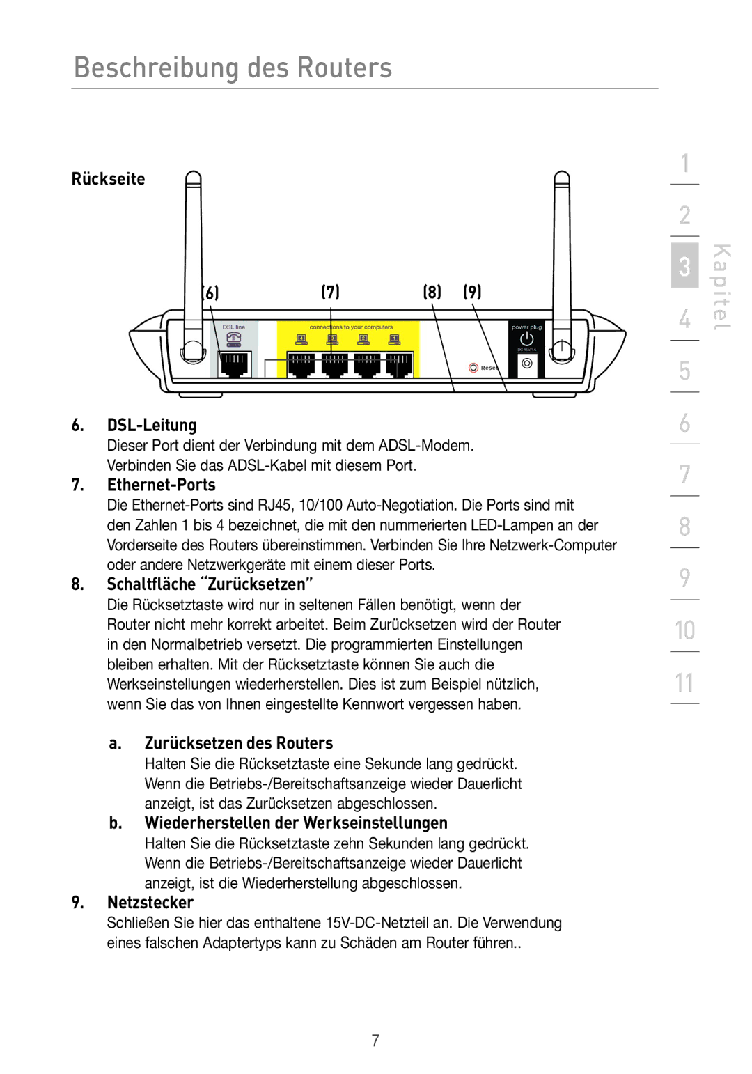 Belkin F5D7633UK4 Rückseite DSL-Leitung, Ethernet-Ports, Schaltfläche Zurücksetzen, Zurücksetzen des Routers, Netzstecker 