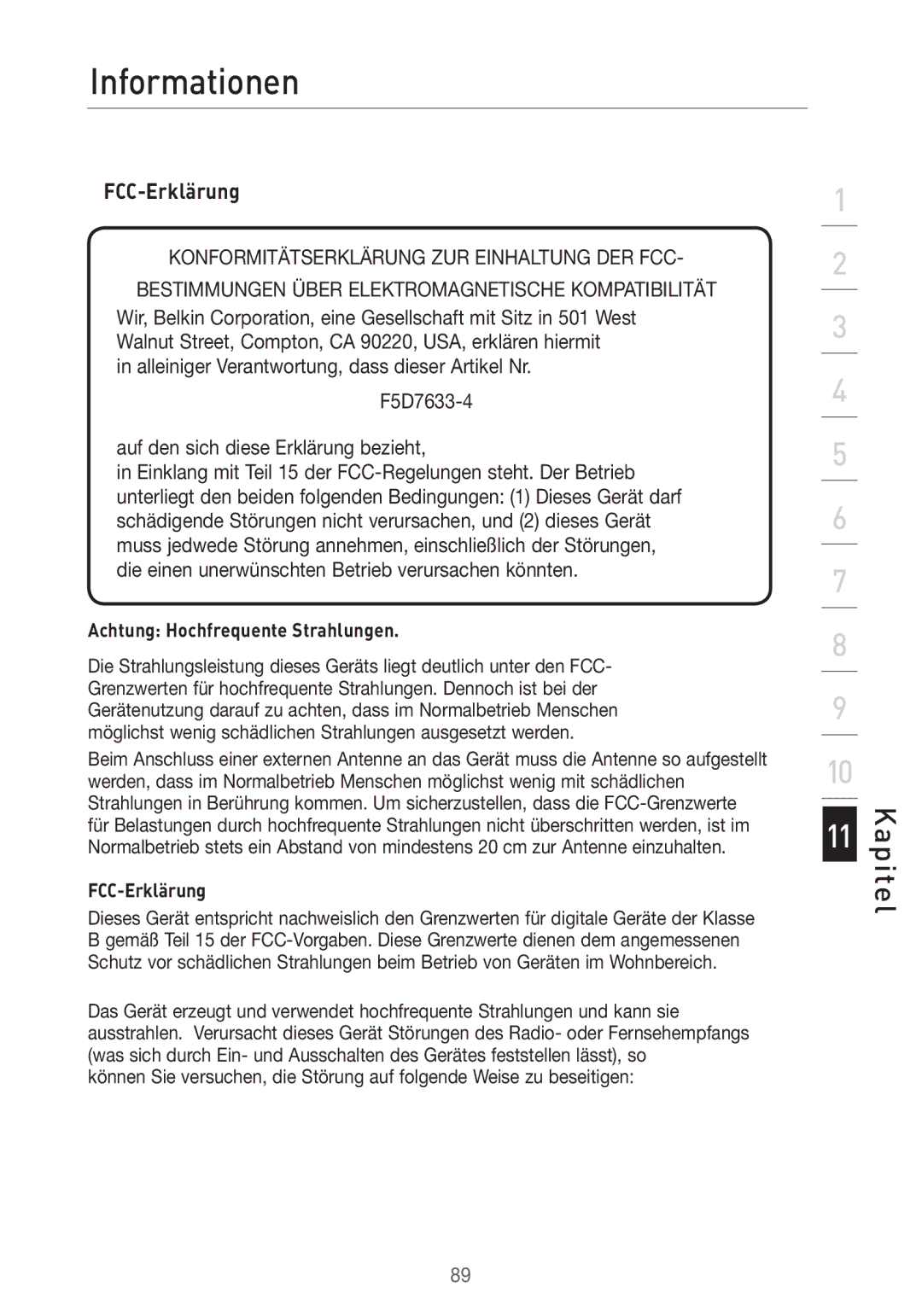 Belkin F5D7633UK4 manual Informationen, FCC-Erklärung 