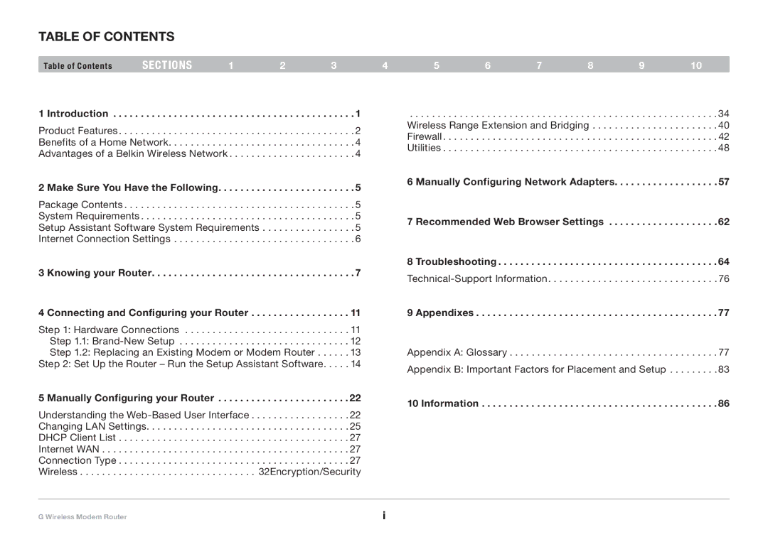 Belkin F5D7634-4A-H user manual Table of Contents 