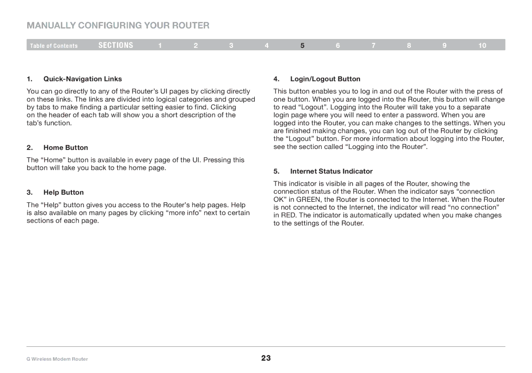 Belkin F5D7634-4A-H user manual Manually Configuring your Router 