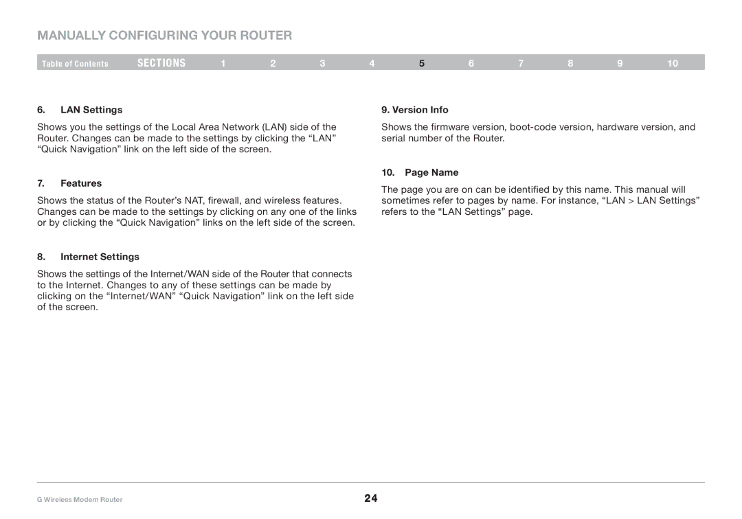 Belkin F5D7634-4A-H user manual LAN Settings, Features, Internet Settings, Version Info, Name 