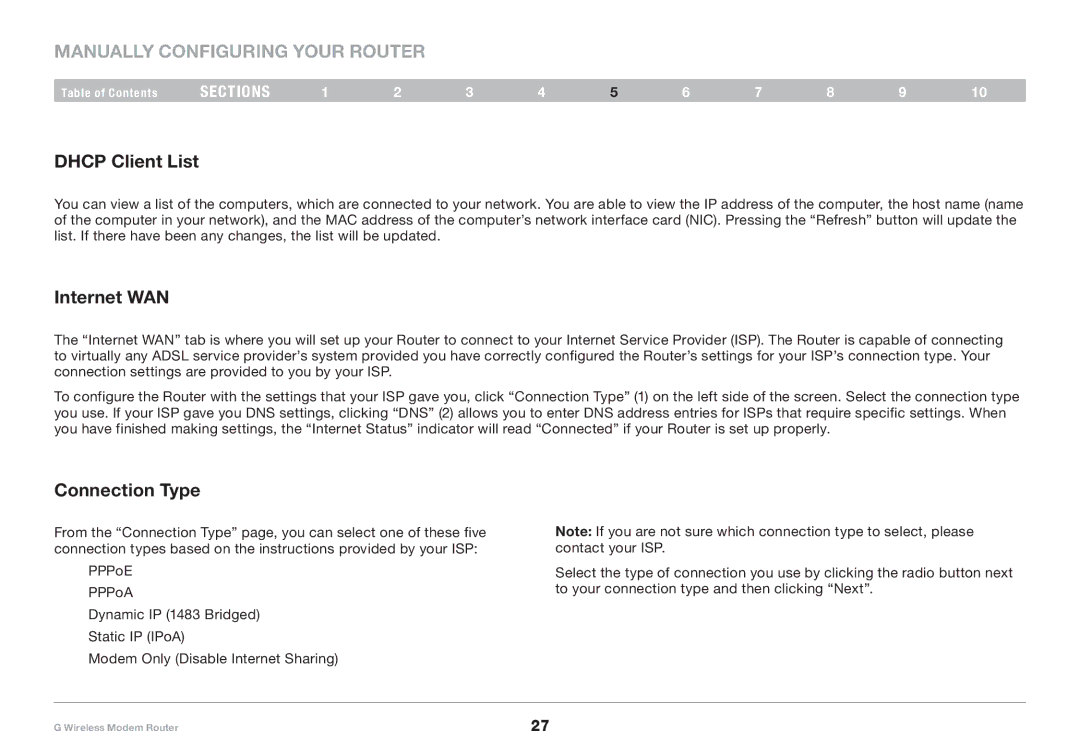 Belkin F5D7634-4A-H user manual Dhcp Client List, Internet WAN, Connection Type 