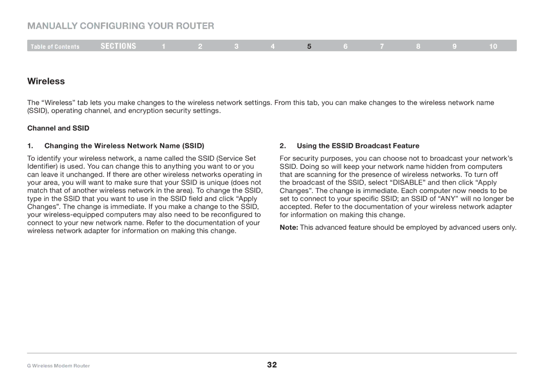 Belkin F5D7634-4A-H Channel and Ssid Changing the Wireless Network Name Ssid, Using the Essid Broadcast Feature 