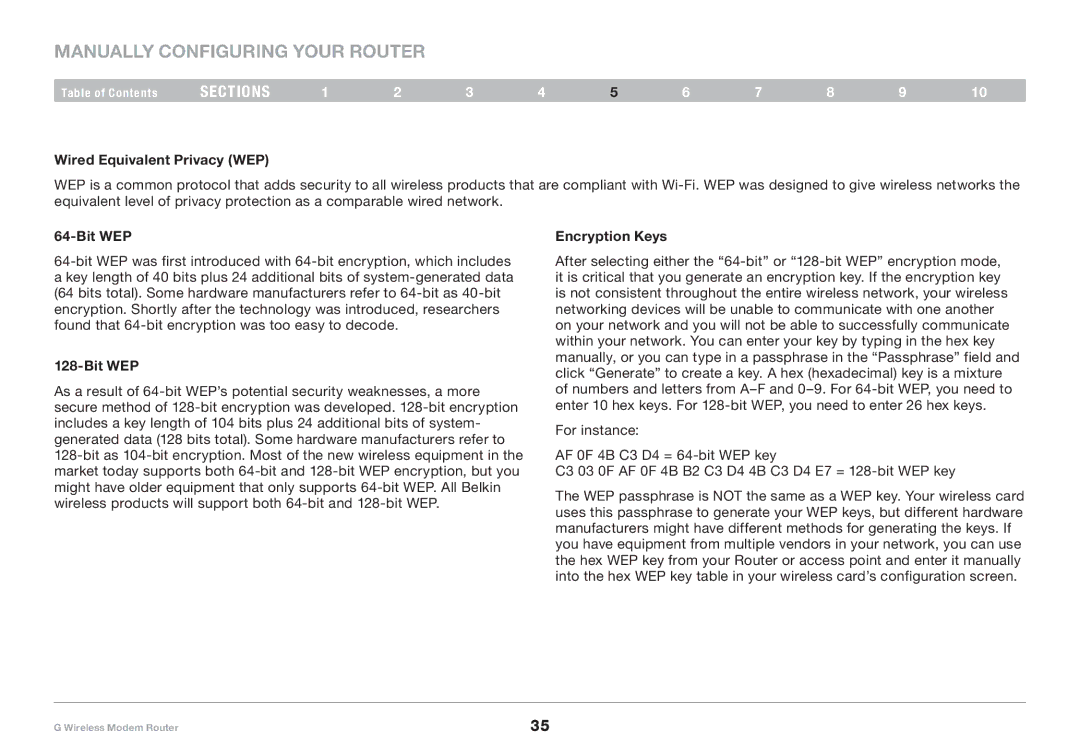 Belkin F5D7634-4A-H user manual Wired Equivalent Privacy WEP, Bit WEP, Encryption Keys 