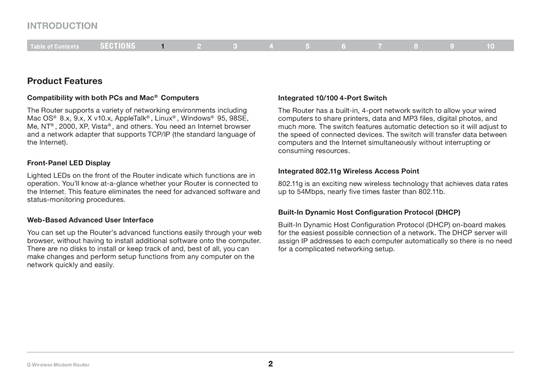 Belkin F5D7634-4A-H user manual Introduction, Product Features 