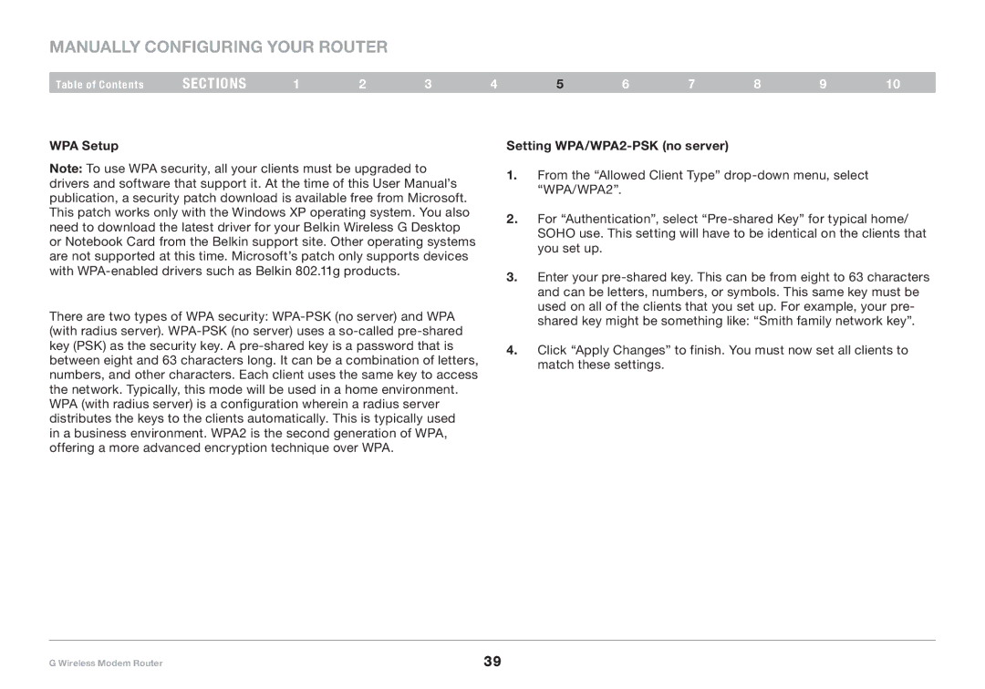 Belkin F5D7634-4A-H user manual WPA Setup, Setting WPA/WPA2-PSK no server 