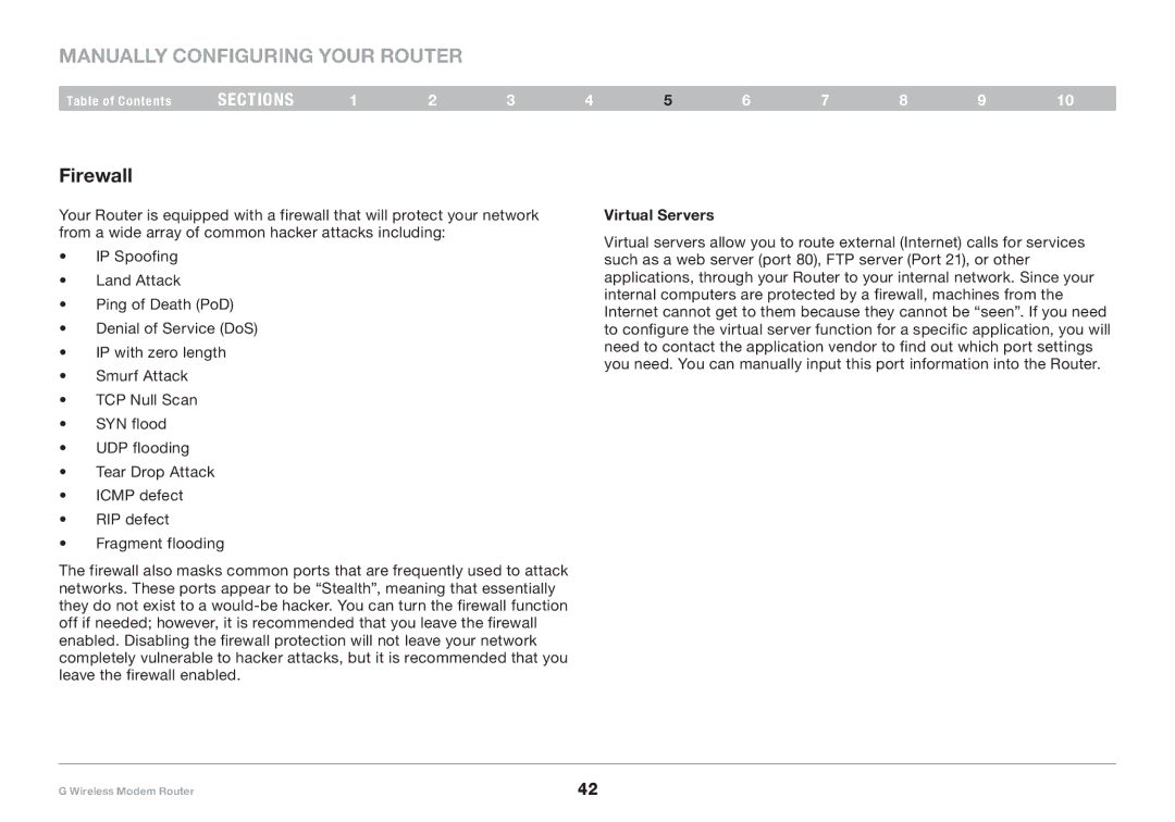 Belkin F5D7634-4A-H user manual Firewall, Virtual Servers 