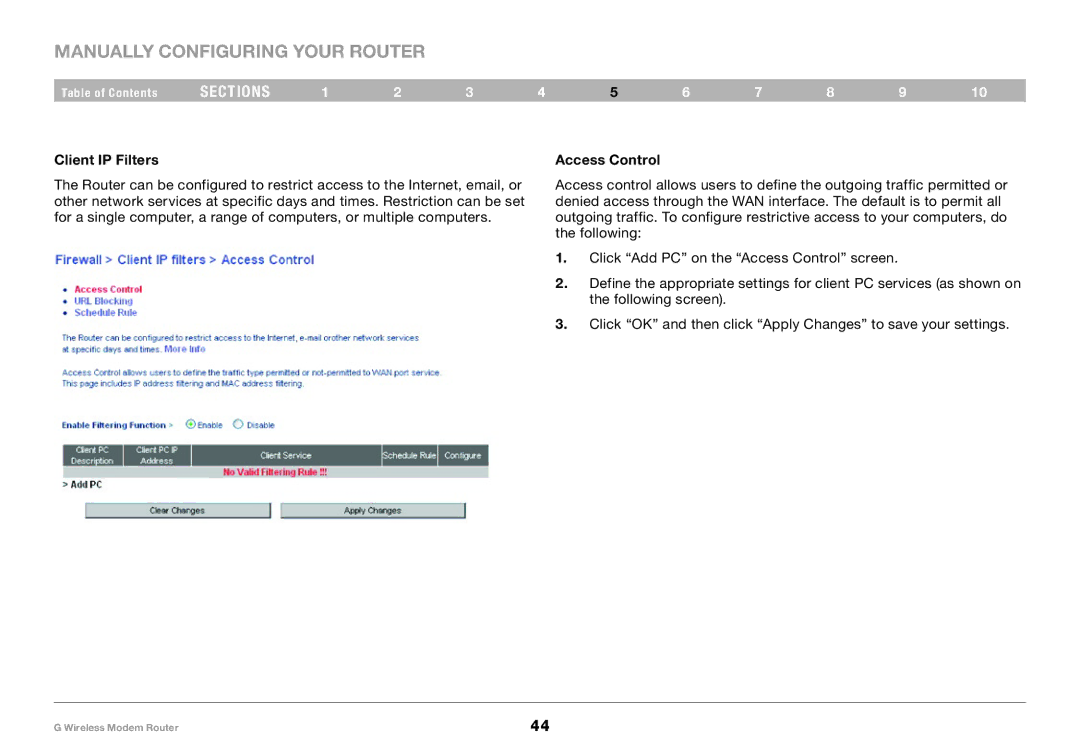 Belkin F5D7634-4A-H user manual Client IP Filters, Access Control 