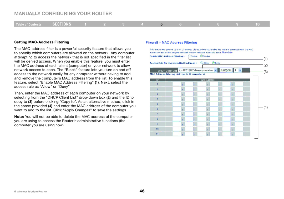 Belkin F5D7634-4A-H user manual Setting MAC-Address Filtering 