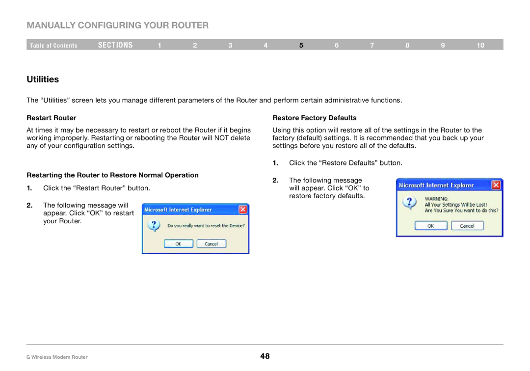 Belkin F5D7634-4A-H Utilities, Restart Router, Restarting the Router to Restore Normal Operation, Restore Factory Defaults 