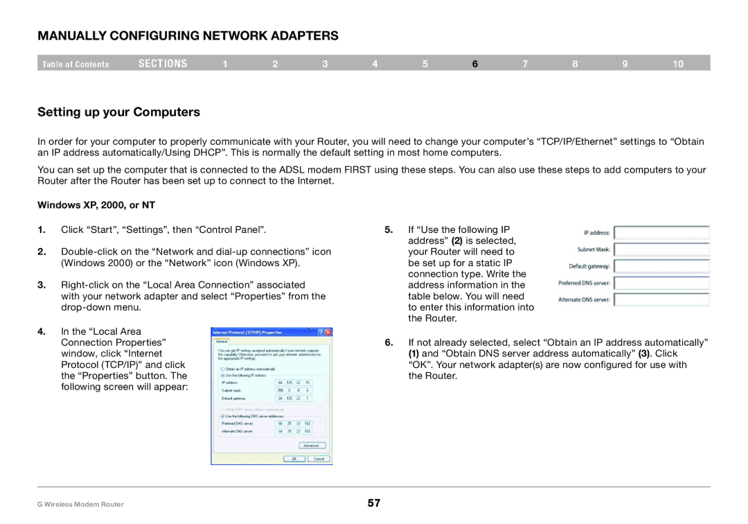 Belkin F5D7634-4A-H user manual Manually Configuring Network Adapters, Setting up your Computers, Windows XP, 2000, or NT 