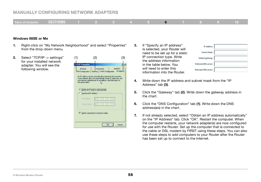 Belkin F5D7634-4A-H user manual Manually Configuring Network Adapters, Windows 98SE or Me 