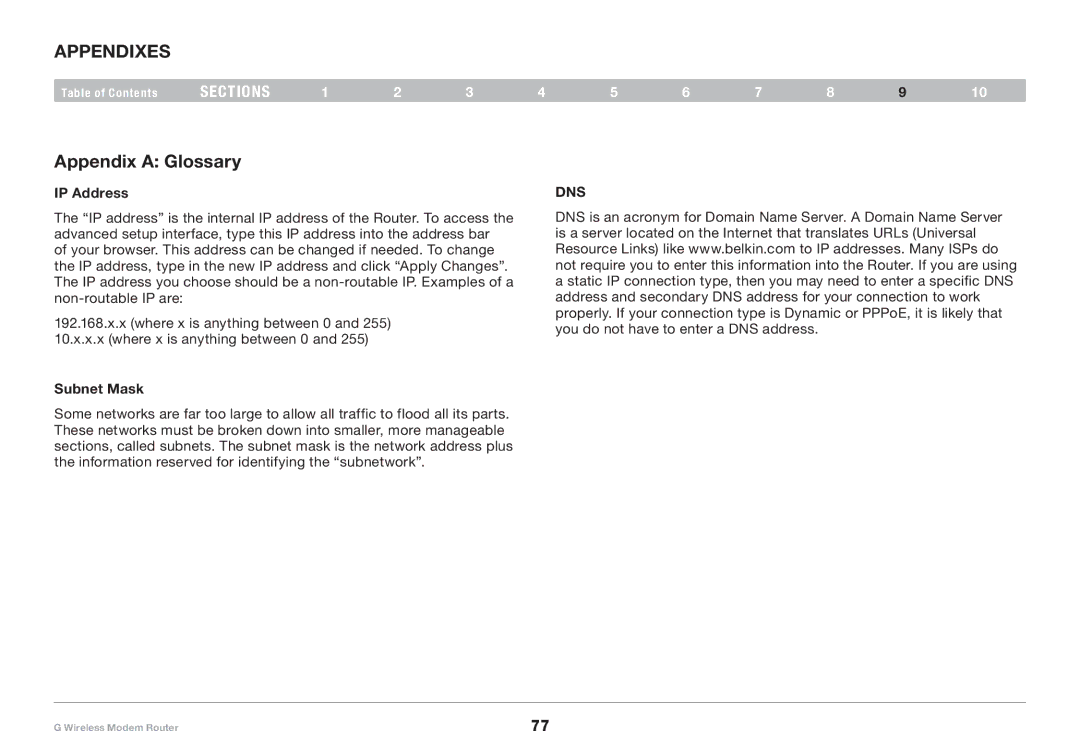 Belkin F5D7634-4A-H user manual Appendixes, Appendix a Glossary, IP Address 