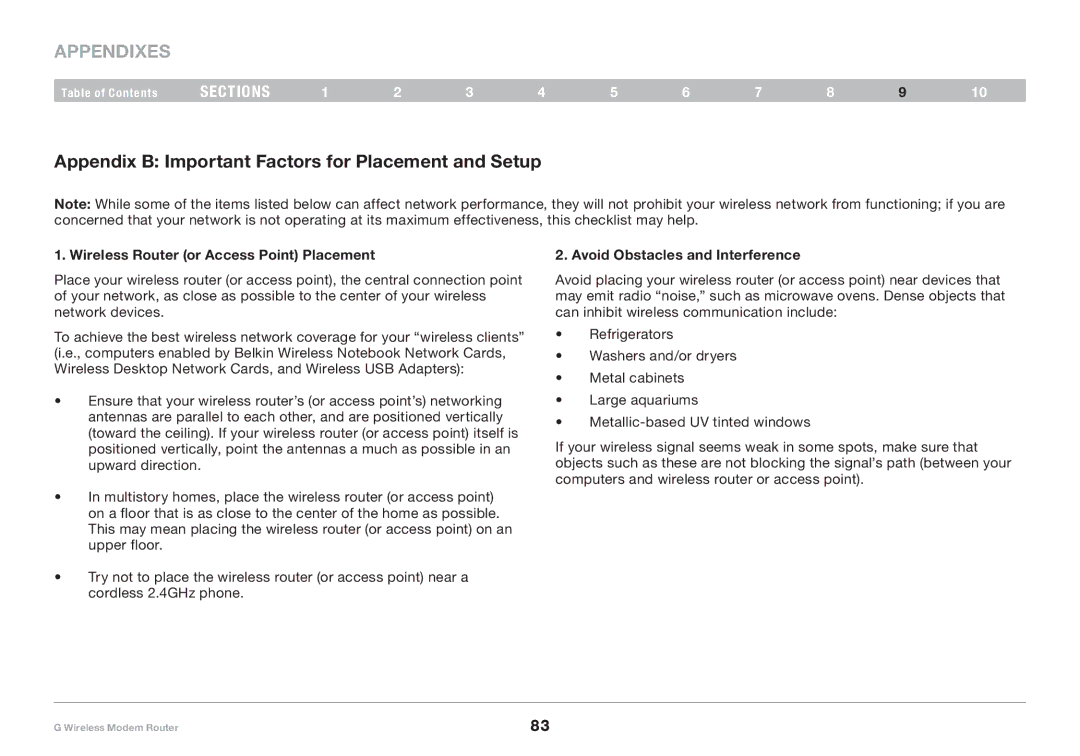 Belkin F5D7634-4A-H Appendix B Important Factors for Placement and Setup, Wireless Router or Access Point Placement 