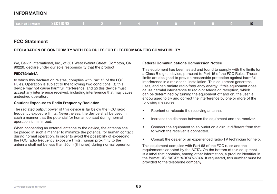 Belkin F5D7634-4A-H user manual Information, FCC Statement, Federal Communications Commission Notice, F5D7634uk4A 