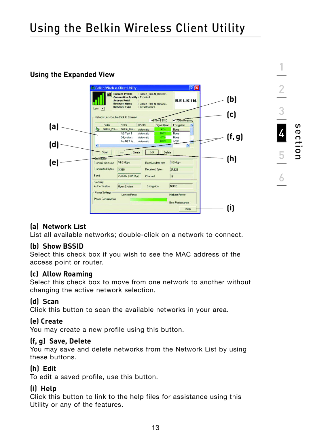 Belkin F5D8010 Using the Expanded View Network List, Show Bssid, Allow Roaming, Scan, Create, Save, Delete, Edit, Help 