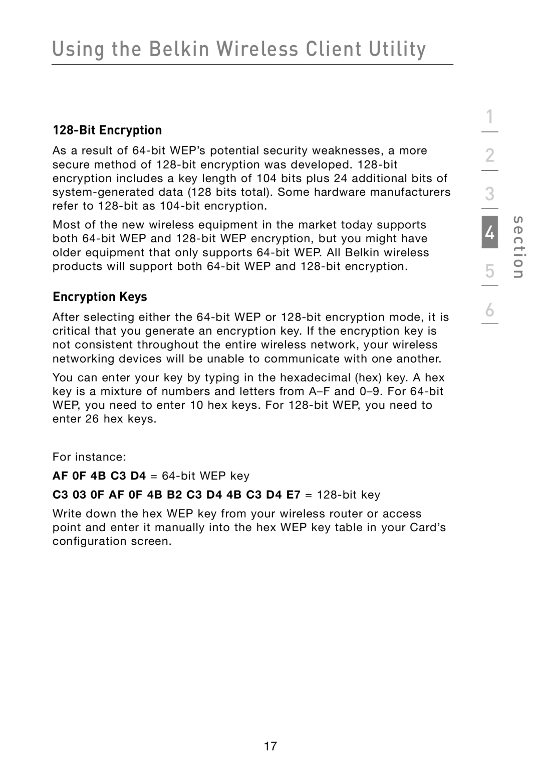 Belkin F5D8010 user manual Bit Encryption, Encryption Keys 