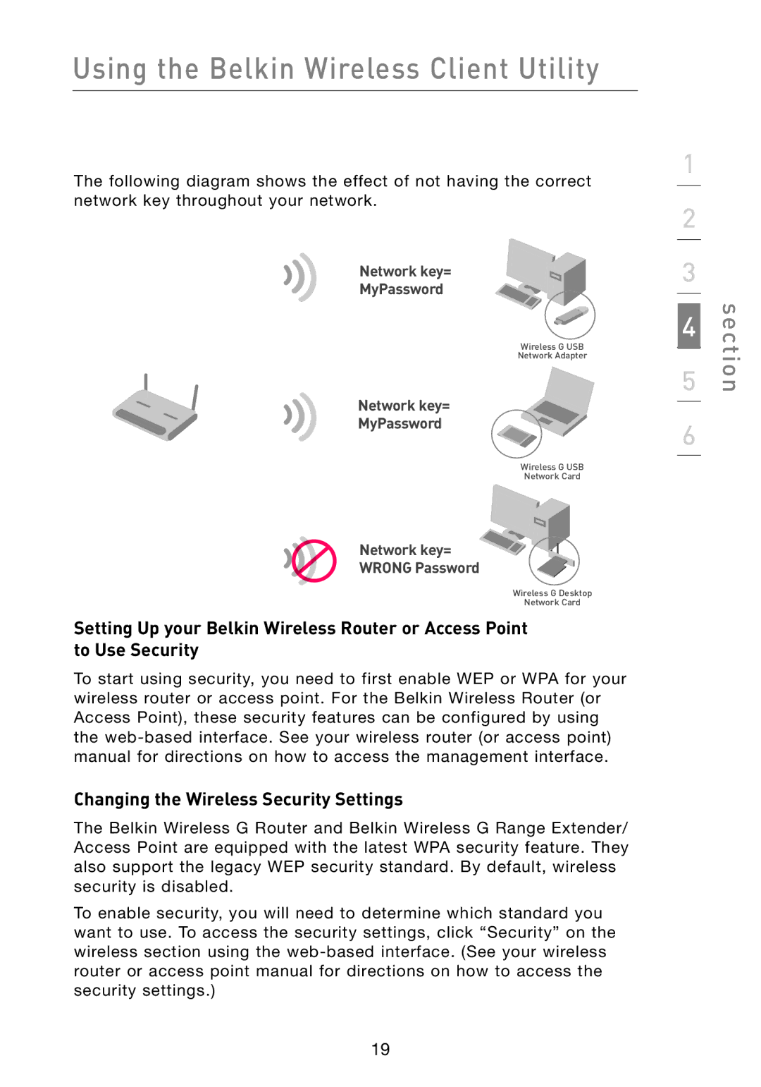 Belkin F5D8010 user manual Changing the Wireless Security Settings 