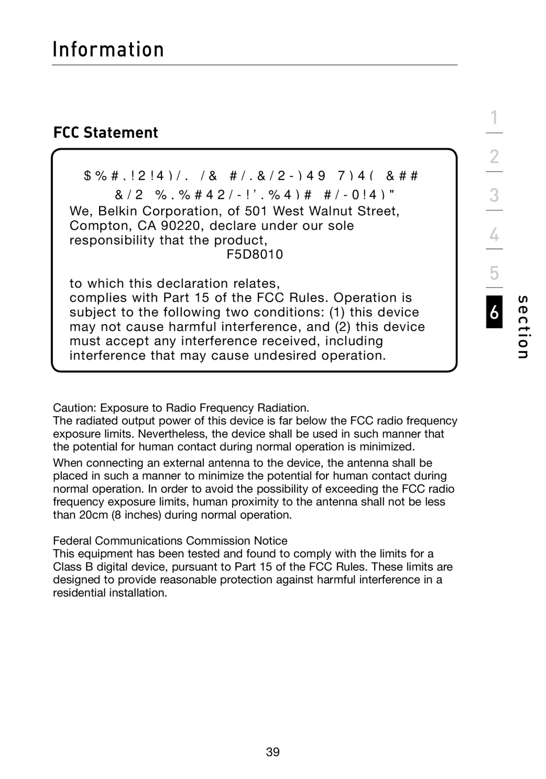 Belkin F5D8010 user manual Information, FCC Statement 