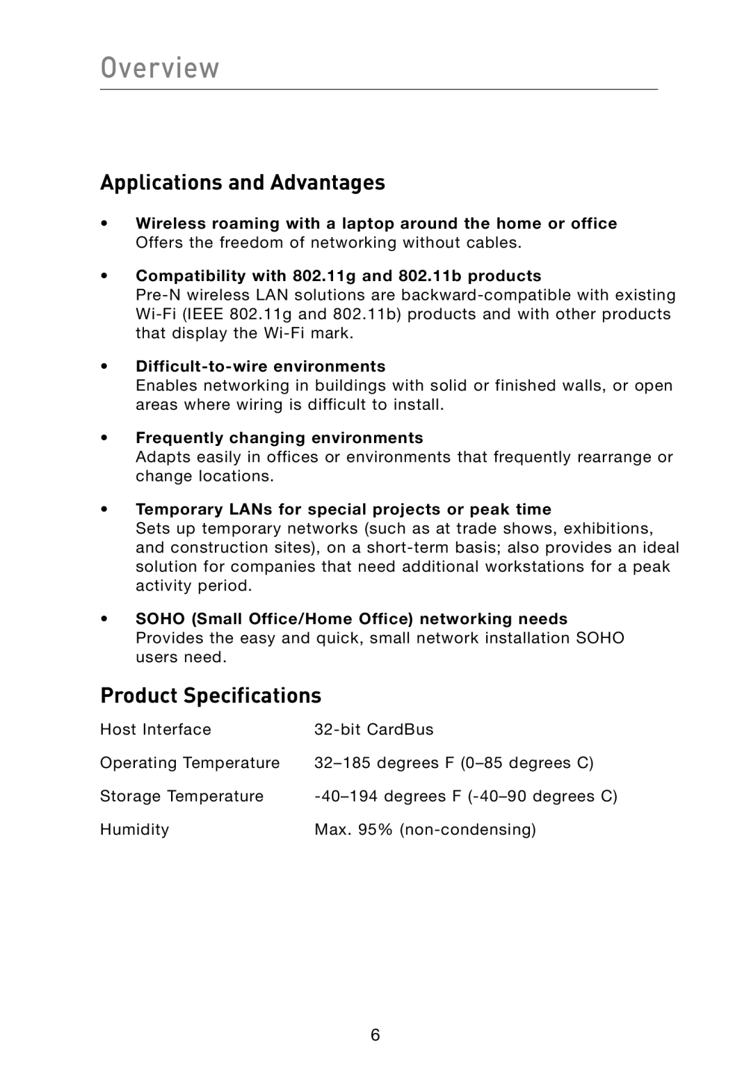 Belkin F5D8010 user manual Overview, Applications and Advantages, Product Specifications 