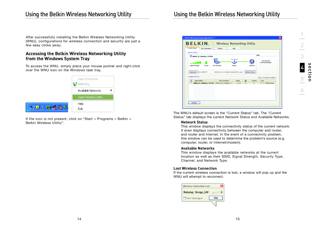 Belkin F5D8011 Using the Belkin Wireless Networking Utility, Network Status, Available Networks, Lost Wireless Connection 