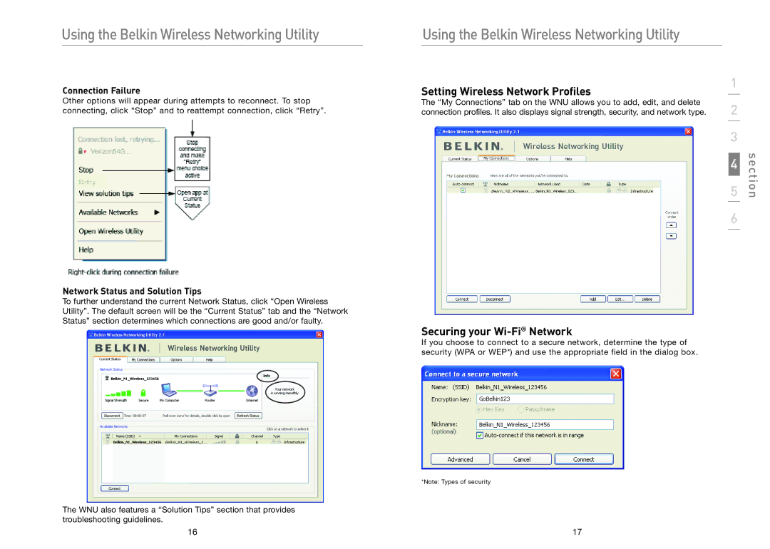 Belkin F5D8011 user manual Using the Belkin Wireless Networking Utility, Securing your Wi-FiNetwork, Connection Failure 