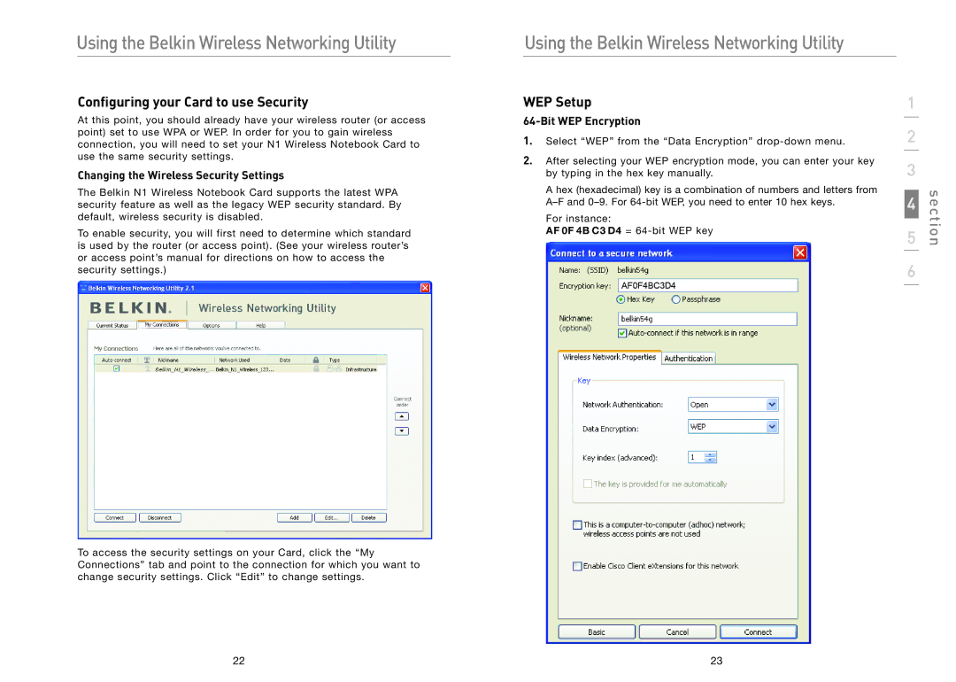 Belkin F5D8011 user manual Configuring your Card to use Security, WEP Setup, Changing the Wireless Security Settings 