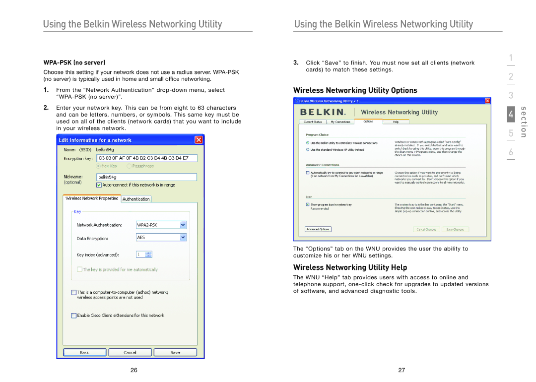 Belkin F5D8011 user manual Wireless Networking Utility Options, Wireless Networking Utility Help, WPA-PSK no server 