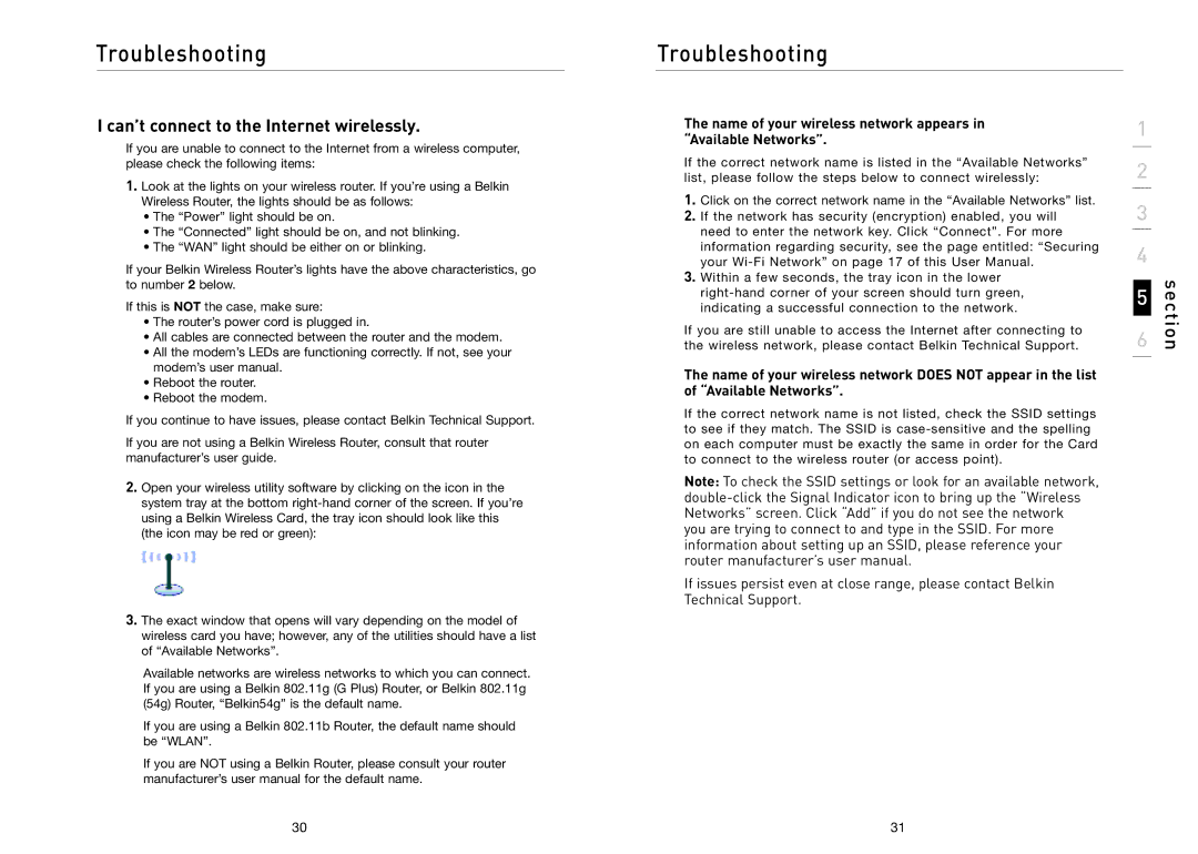 Belkin F5D8011 user manual Troubleshooting, Can’t connect to the Internet wirelessly 