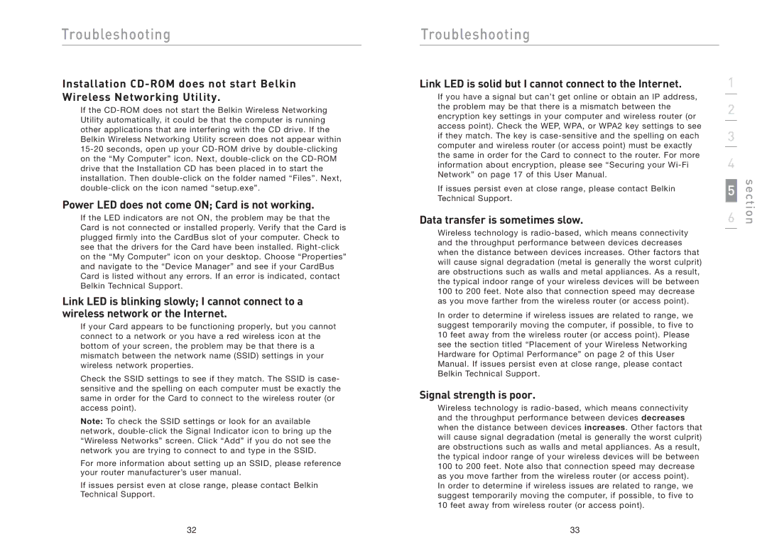 Belkin F5D8011 user manual Troubleshooting, Power LED does not come on Card is not working, Data transfer is sometimes slow 