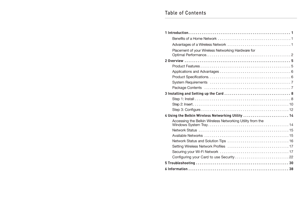 Belkin F5D8011 user manual Table of Contents 