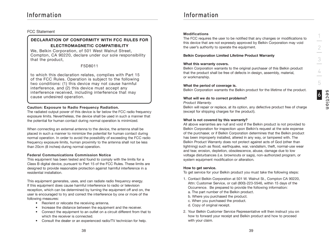 Belkin F5D8011 user manual Information 