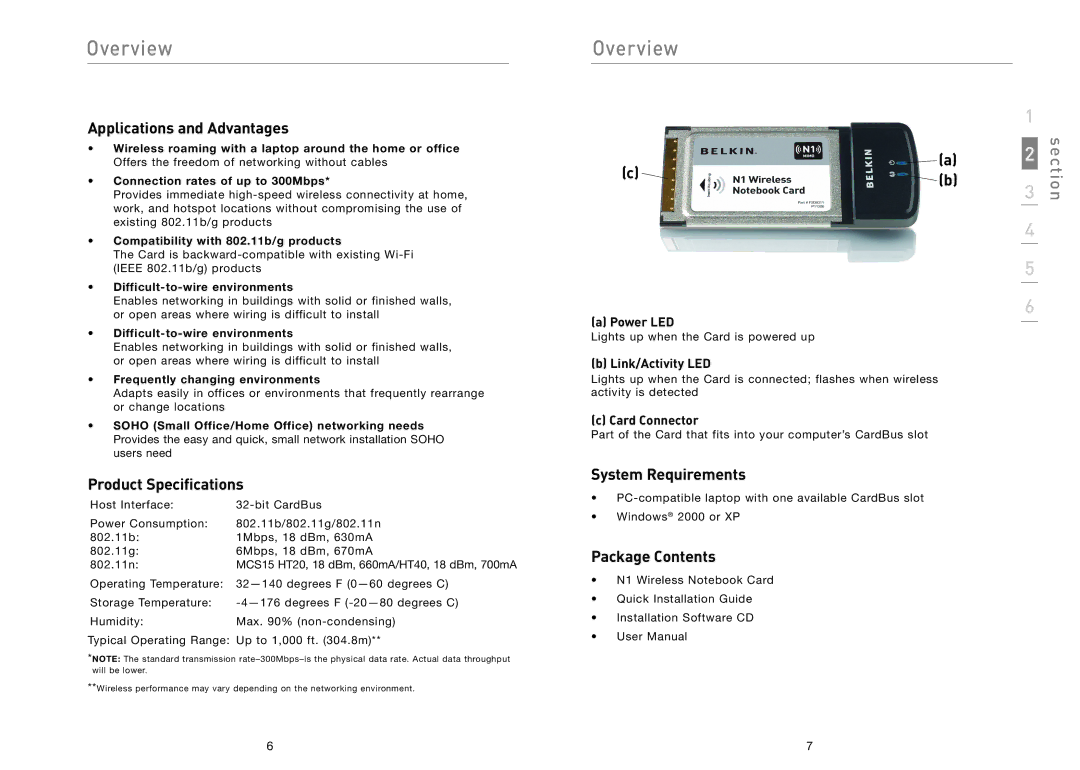 Belkin F5D8011 Overview, Applications and Advantages, Product Specifications, System Requirements, Package Contents 