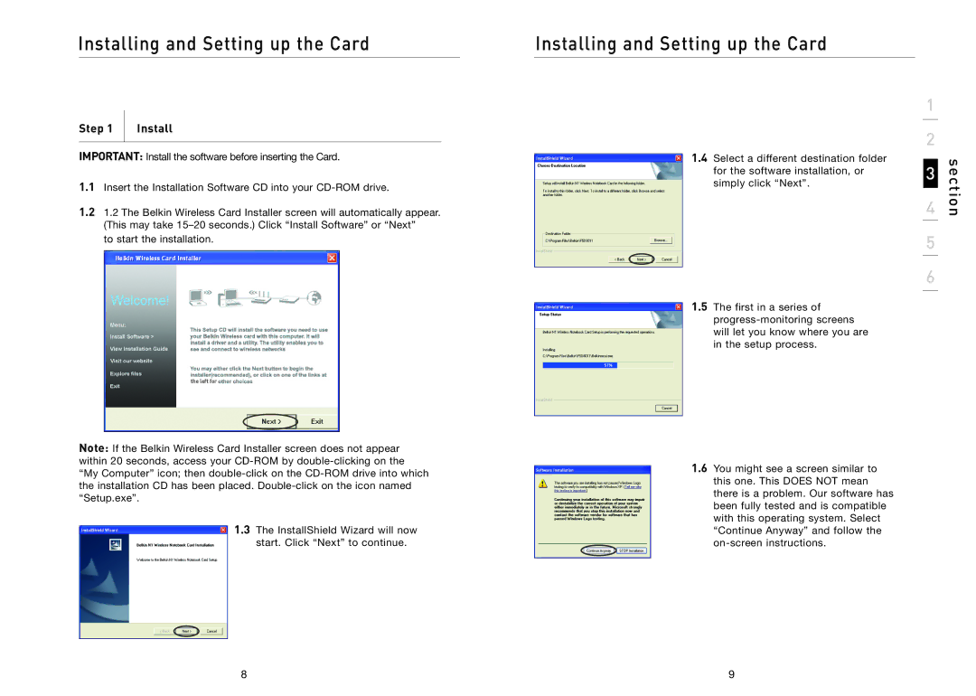 Belkin F5D8011 user manual Installing and Setting up the Card, Step Install 