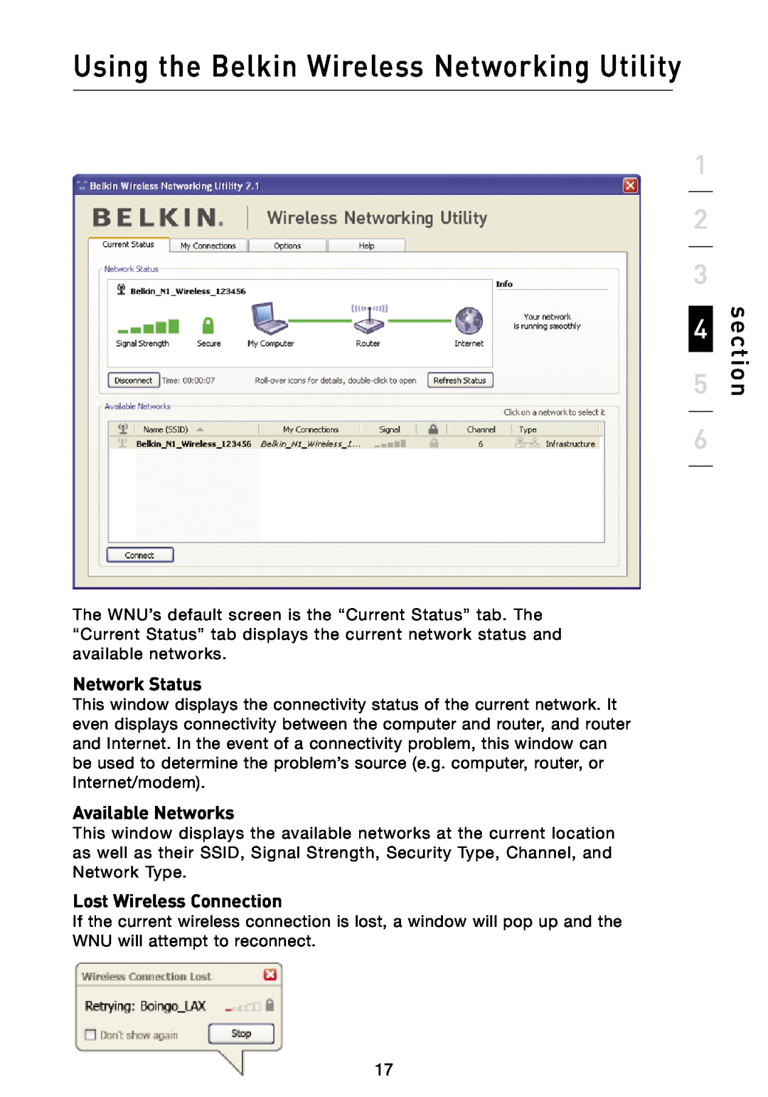 Belkin F5D8013 Network Status, Available Networks, Lost Wireless Connection, Using the Belkin Wireless Networking Utility 