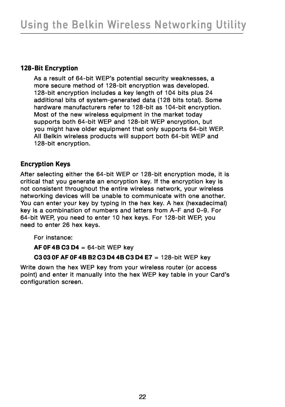 Belkin F5D8013 user manual Bit Encryption, Encryption Keys, Using the Belkin Wireless Networking Utility 