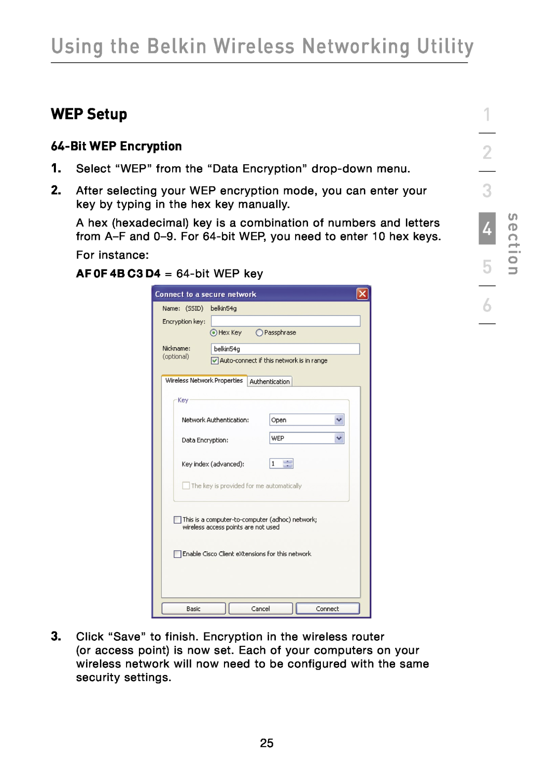 Belkin F5D8013 user manual WEP Setup, Bit WEP Encryption, Using the Belkin Wireless Networking Utility, section 