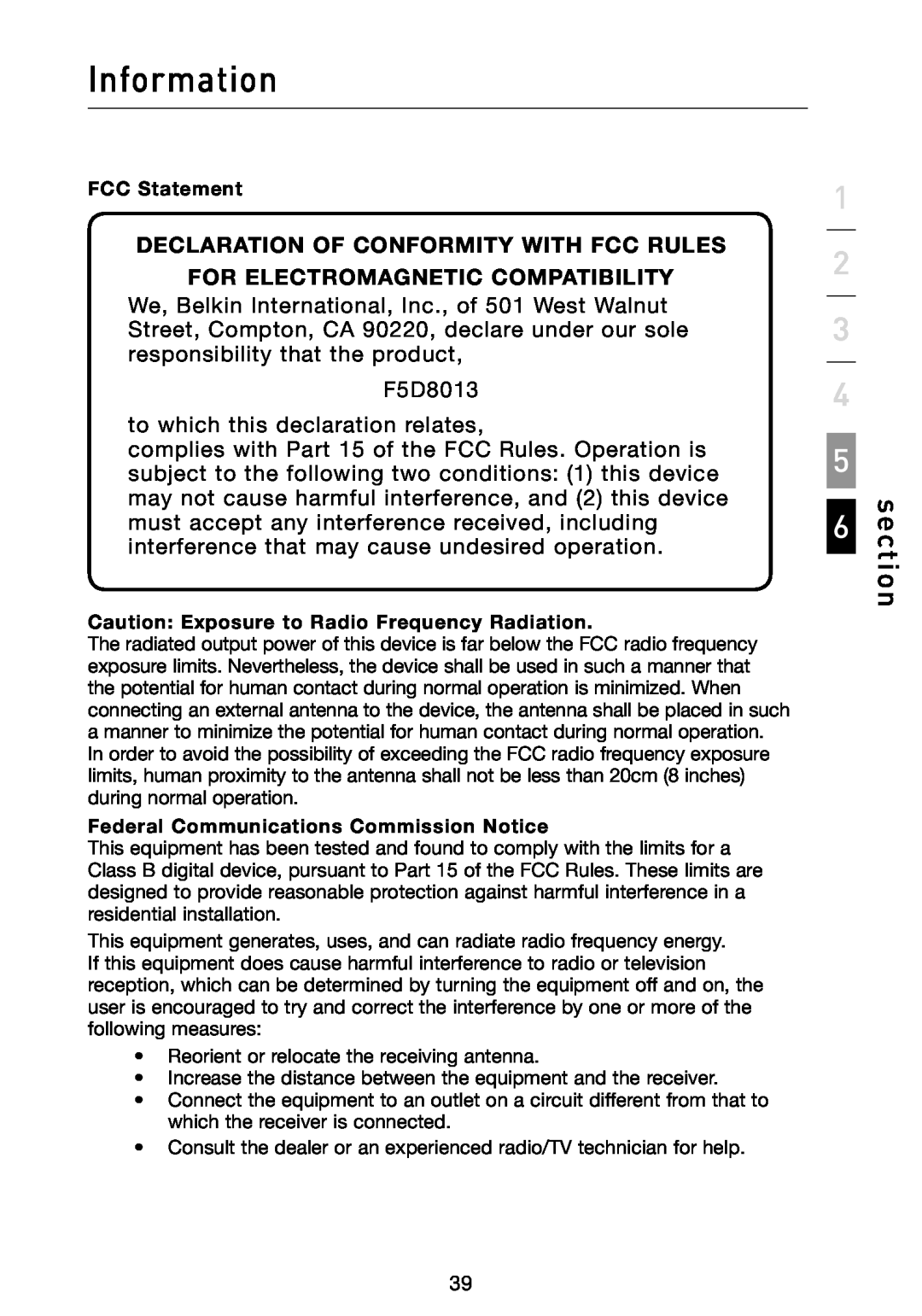 Belkin F5D8013 Information, Declaration Of Conformity With Fcc Rules, For Electromagnetic Compatibility, section 