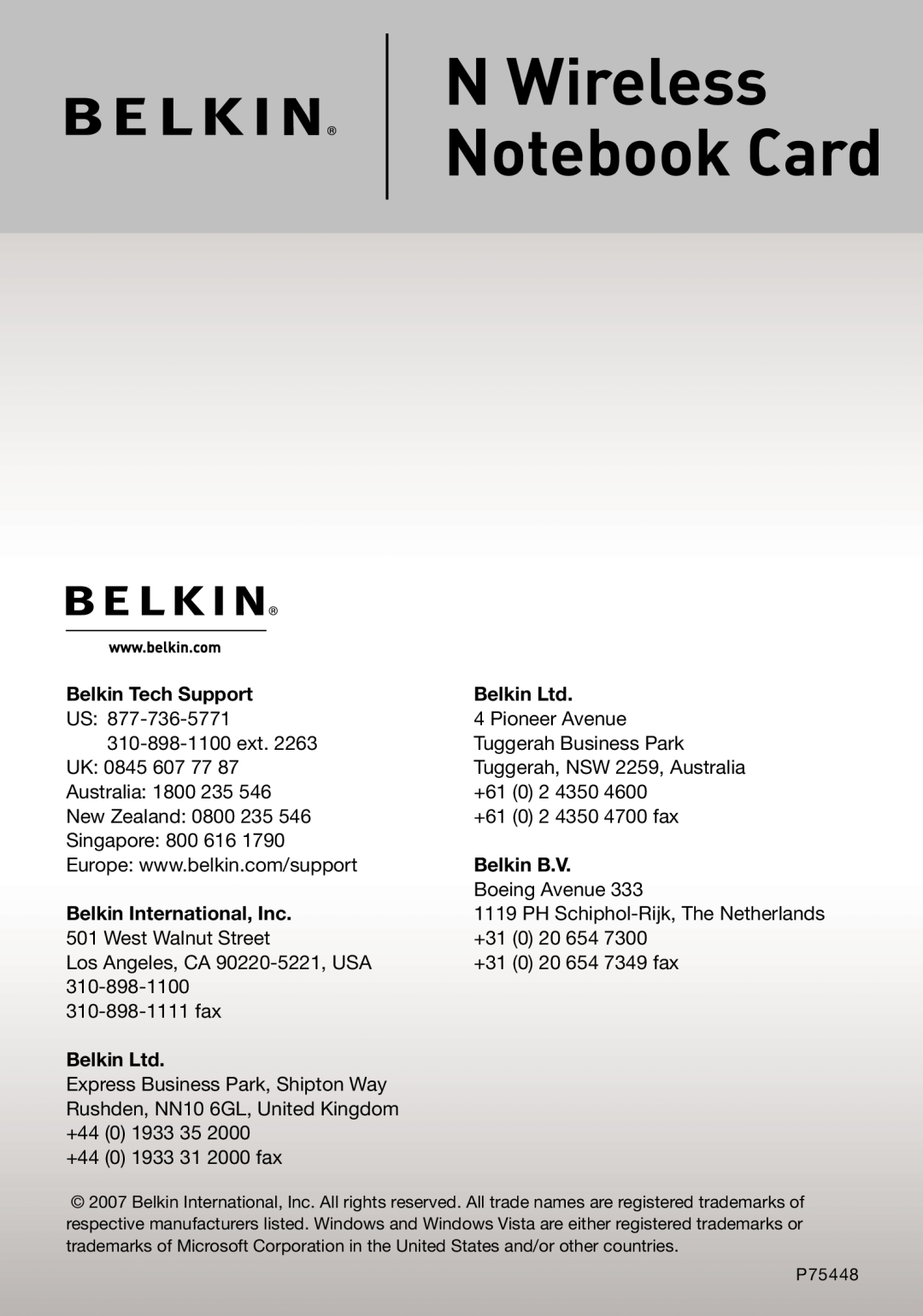 Belkin F5D8013 user manual N Wireless Notebook Card, Belkin Tech Support, Belkin B.V, Belkin International, Inc 