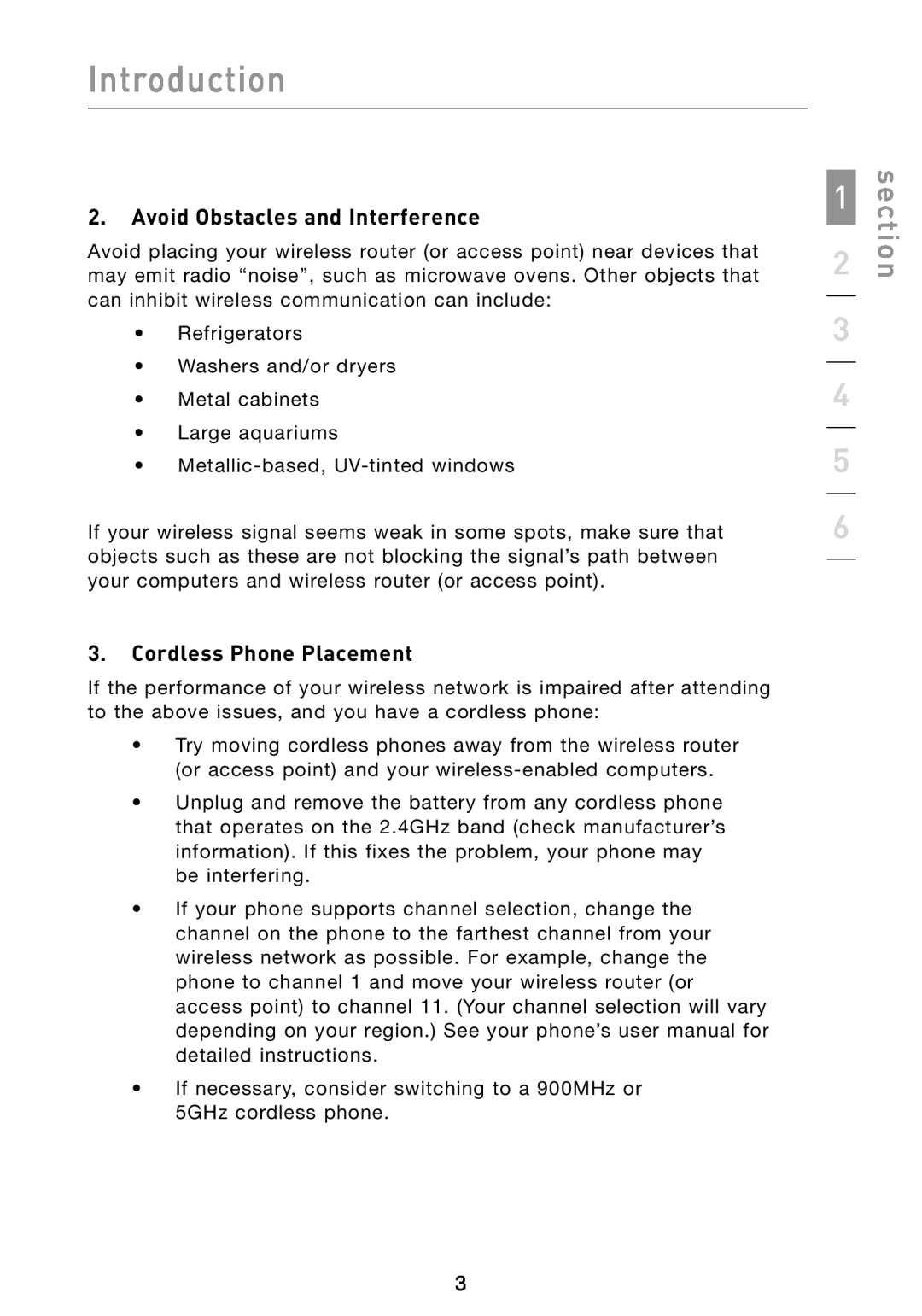 Belkin F5D8013 user manual section, Avoid Obstacles and Interference, Cordless Phone Placement, Introduction 