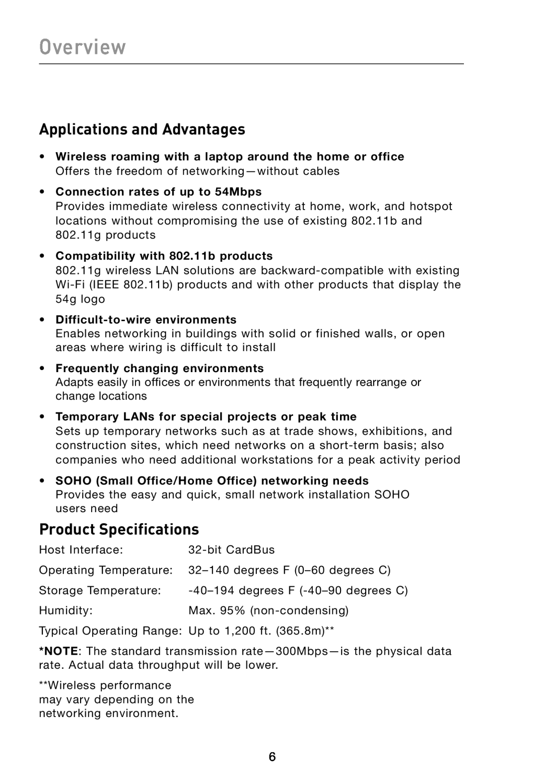 Belkin F5D8013 user manual Overview, Applications and Advantages, Product Specifications, Connection rates of up to 54Mbps 