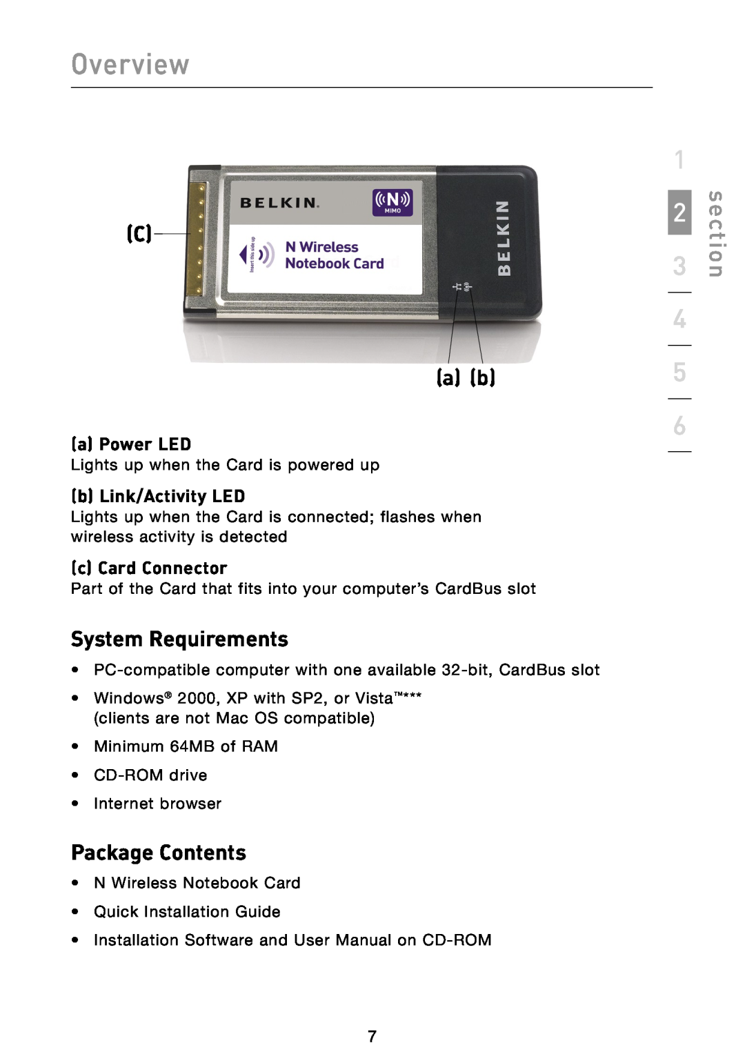Belkin F5D8013 C a b, System Requirements, Package Contents, a Power LED, b Link/Activity LED, c Card Connector, Overview 