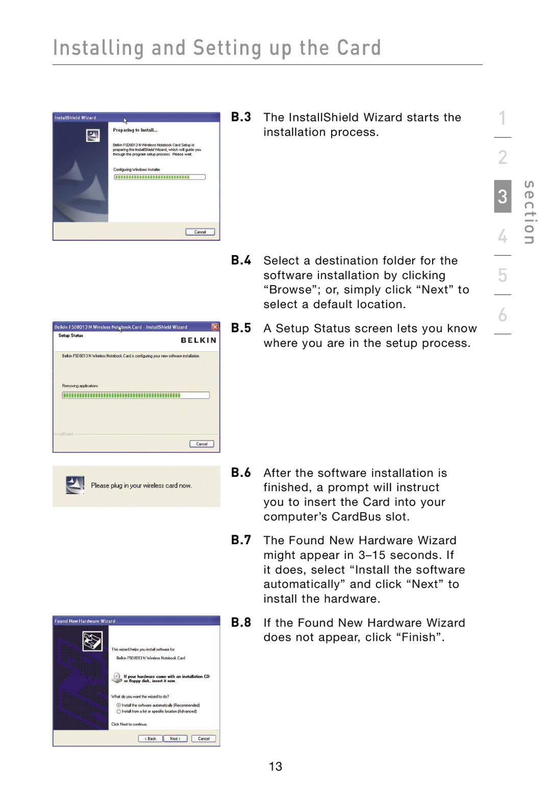 Belkin F5D8013 user manual Installing and Setting up the Card 