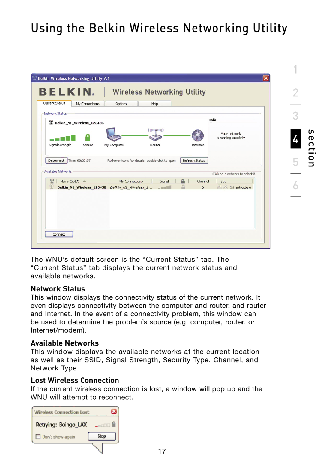 Belkin F5D8013 user manual Network Status, Available Networks, Lost Wireless Connection 