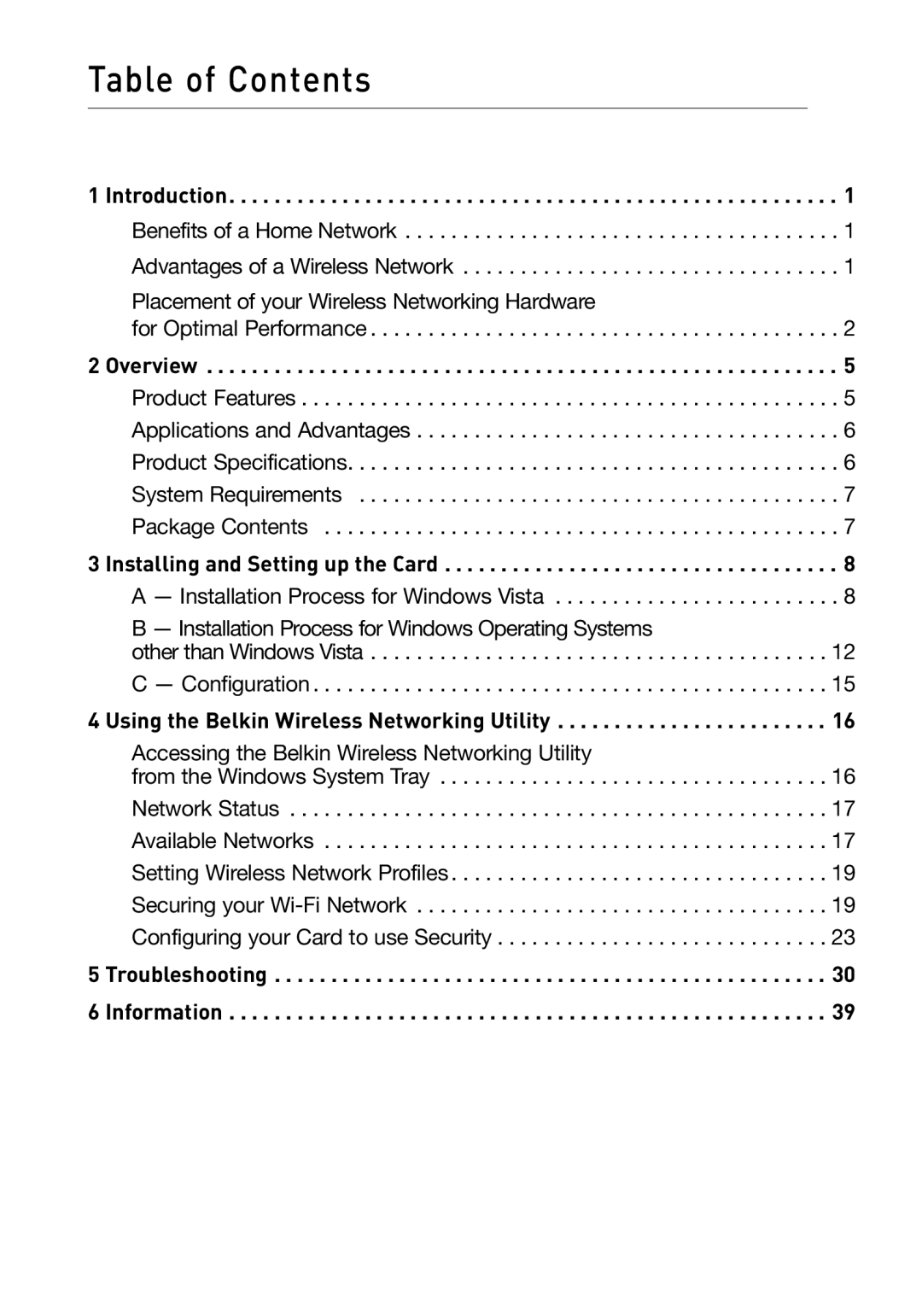 Belkin F5D8013 user manual Table of Contents 