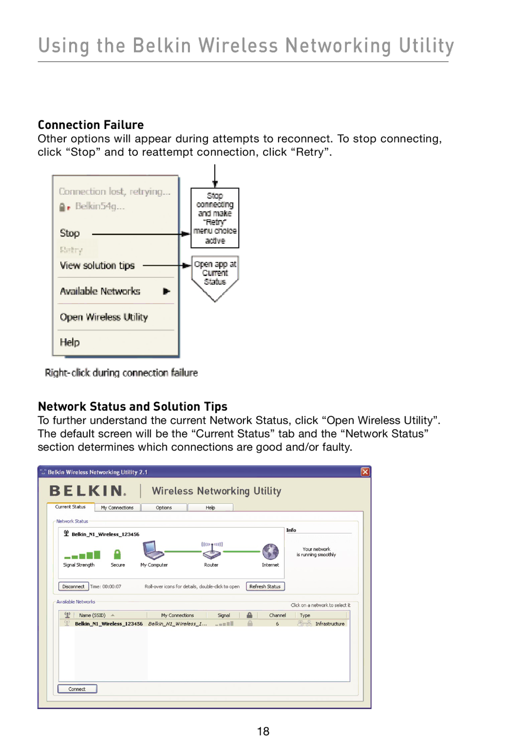 Belkin F5D8013 Using the Belkin Wireless Networking Utility, Connection Failure, Network Status and Solution Tips 