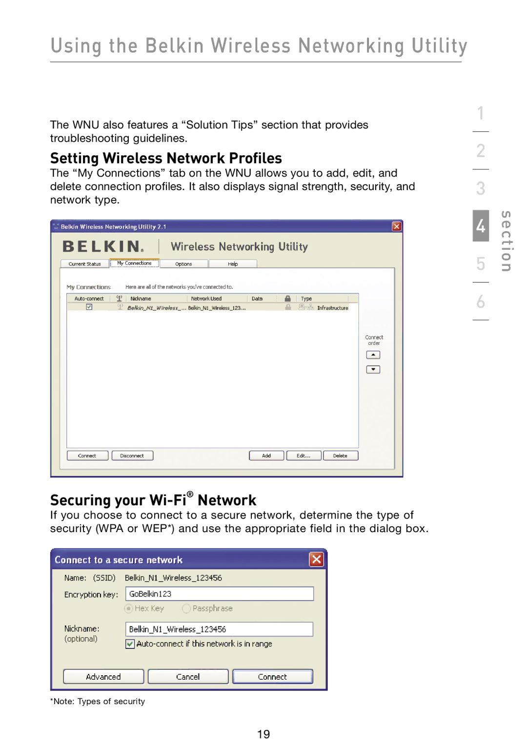 Belkin F5D8013 user manual Setting Wireless Network Profiles, Securing your Wi-FiNetwork 