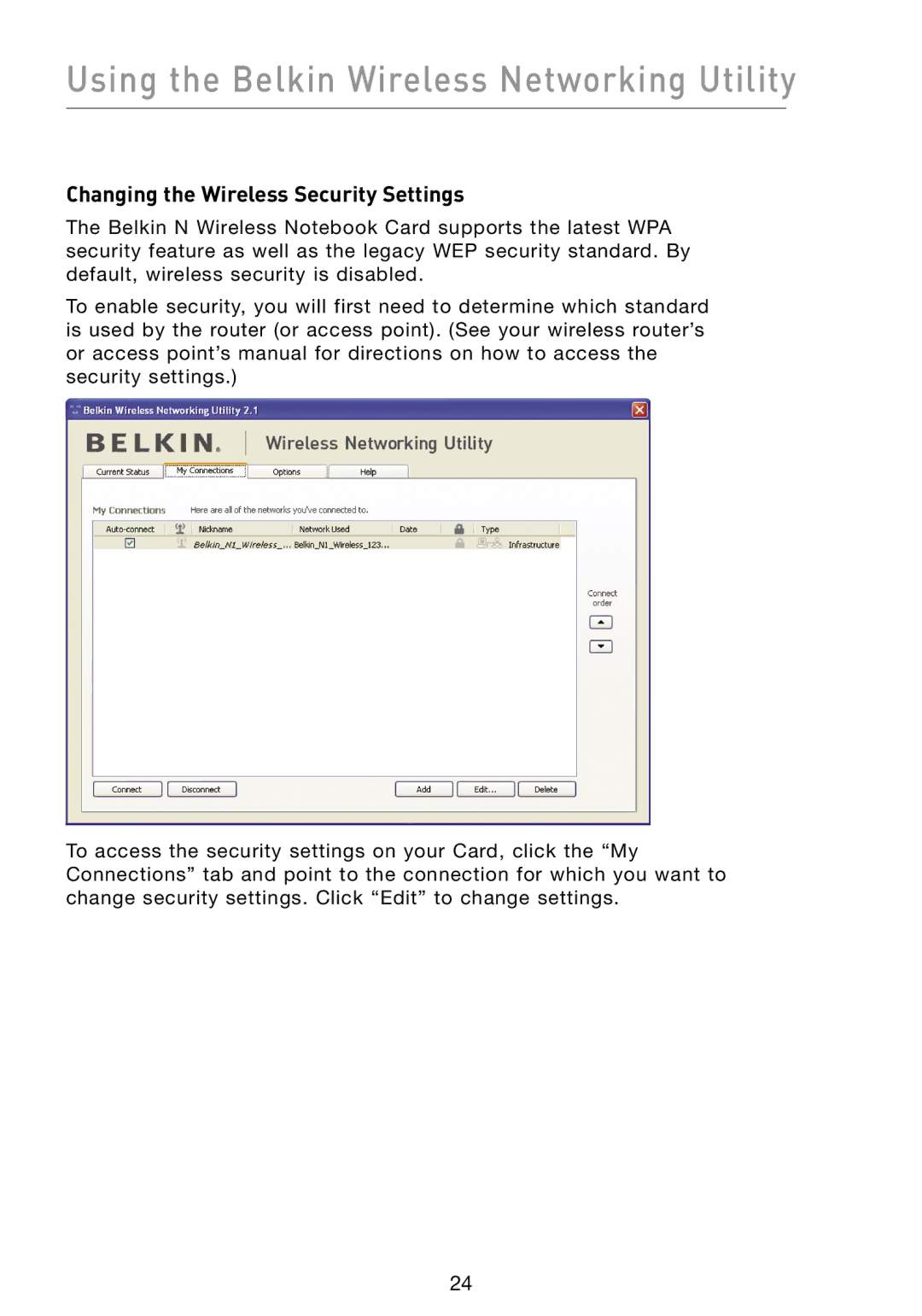 Belkin F5D8013 user manual Changing the Wireless Security Settings 